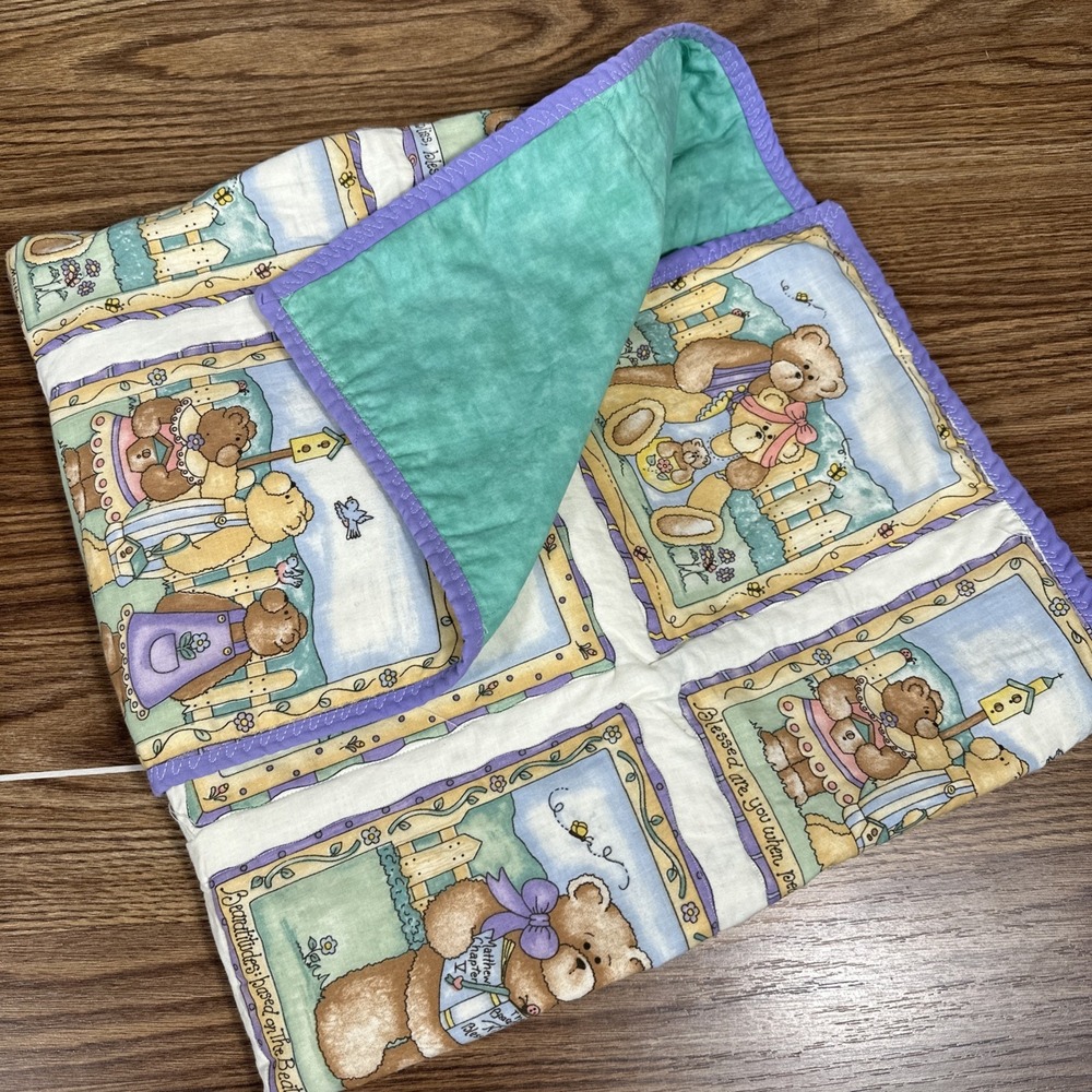 Vintage Handmade Children's Quilt Reversible Bears and Solid Violet Fabric 40x32 - Picture 1 of 5